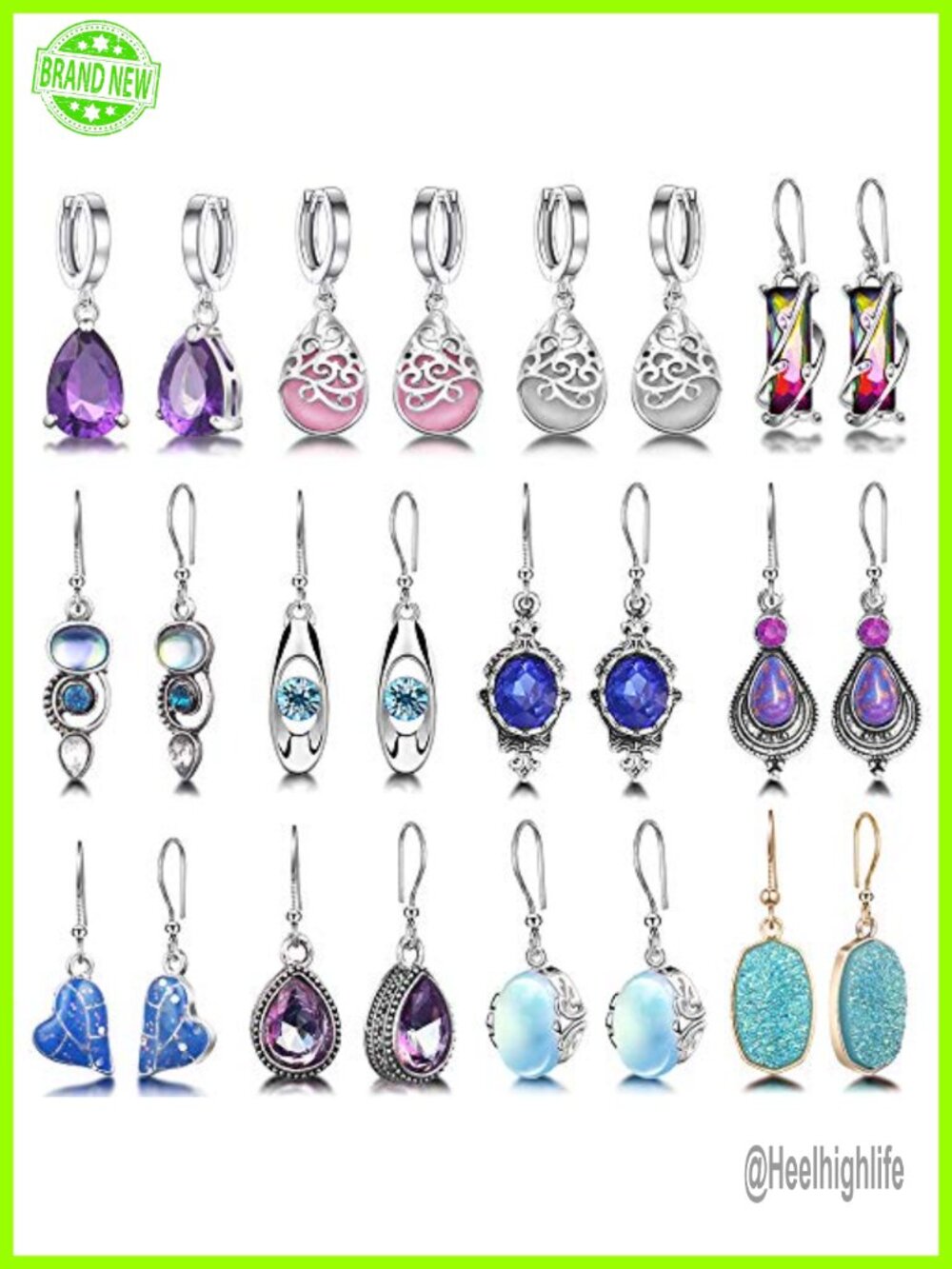 12 Pair Teardrop Crystal Drop Dangle Hoop Earrings Set for Women